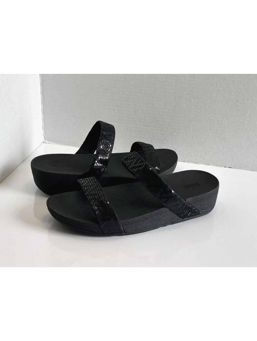 Fitflop Lottie Chevron Slide Sandals Womens 10 Black Wedge Slip On Comfort Shoes